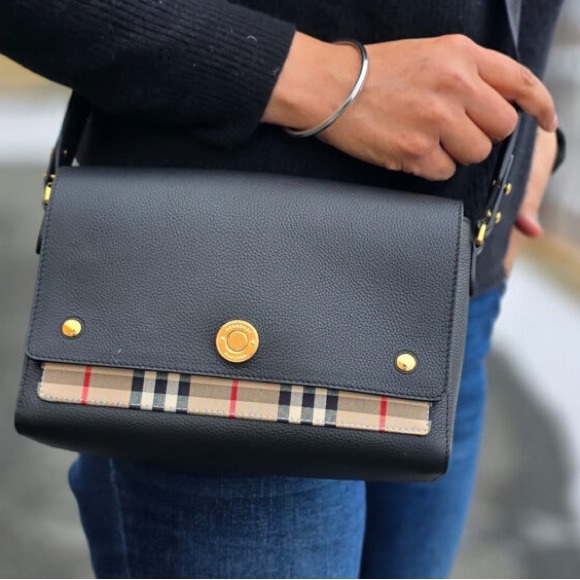 Burberry Handbags - Burberry Archive Black Calf Leather & Check Note Adjustable Crossbody